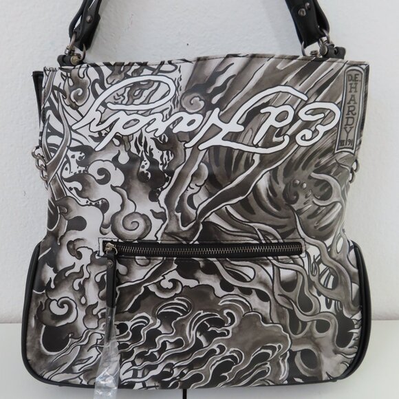 Ed Hardy Black Red Graphic Large Satchel Tote logo skull stud eagle - Picture 7 of 9
